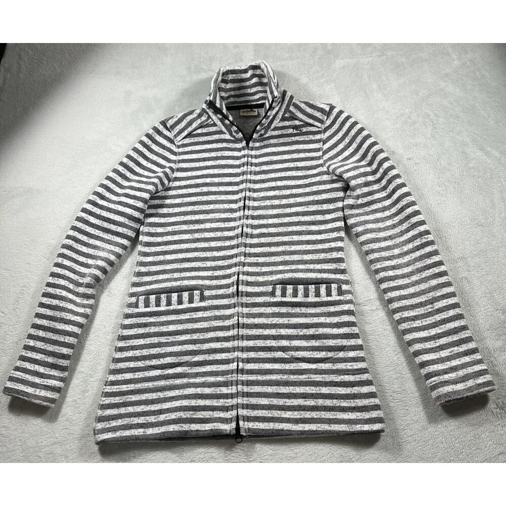 Kavu Womens XS Horizontal Gray Striped Zip Long Sleeve Sweater Front Pockets